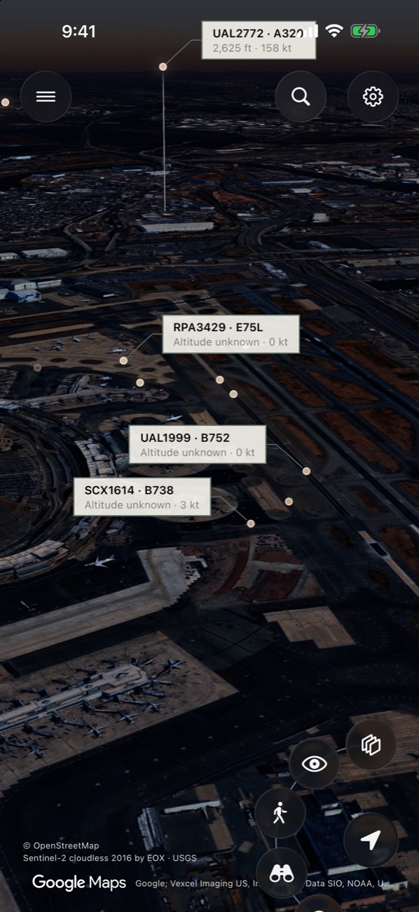 Newark airport at sunset with aircraft labels
