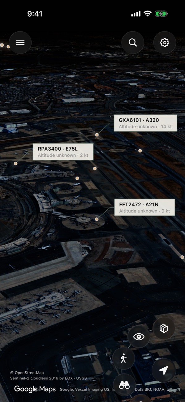 Newark airport at night with aircraft labels