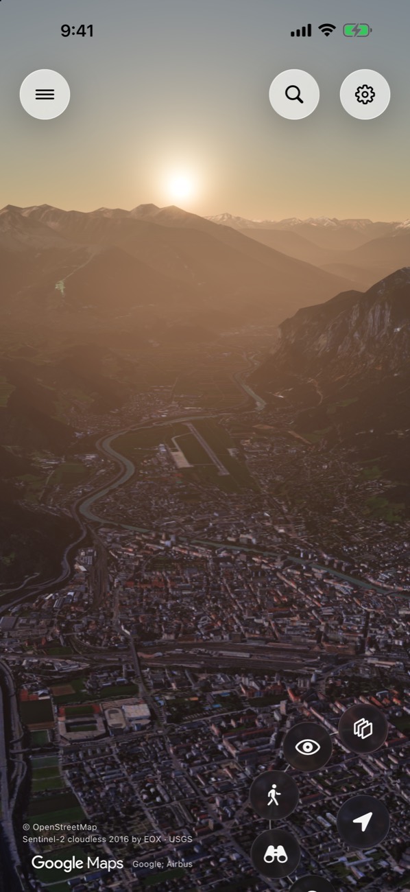 Innsbruck at sunset in 3D, with mountains either side of the valley