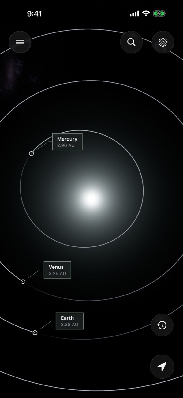The inner planets' orbits around the Sun, seen from above
